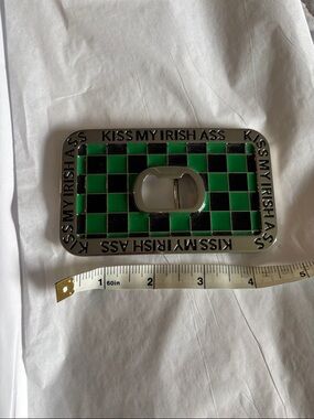 Kiss My Irish Ass Green & Black Checker Bottle Opener Belt Buckle